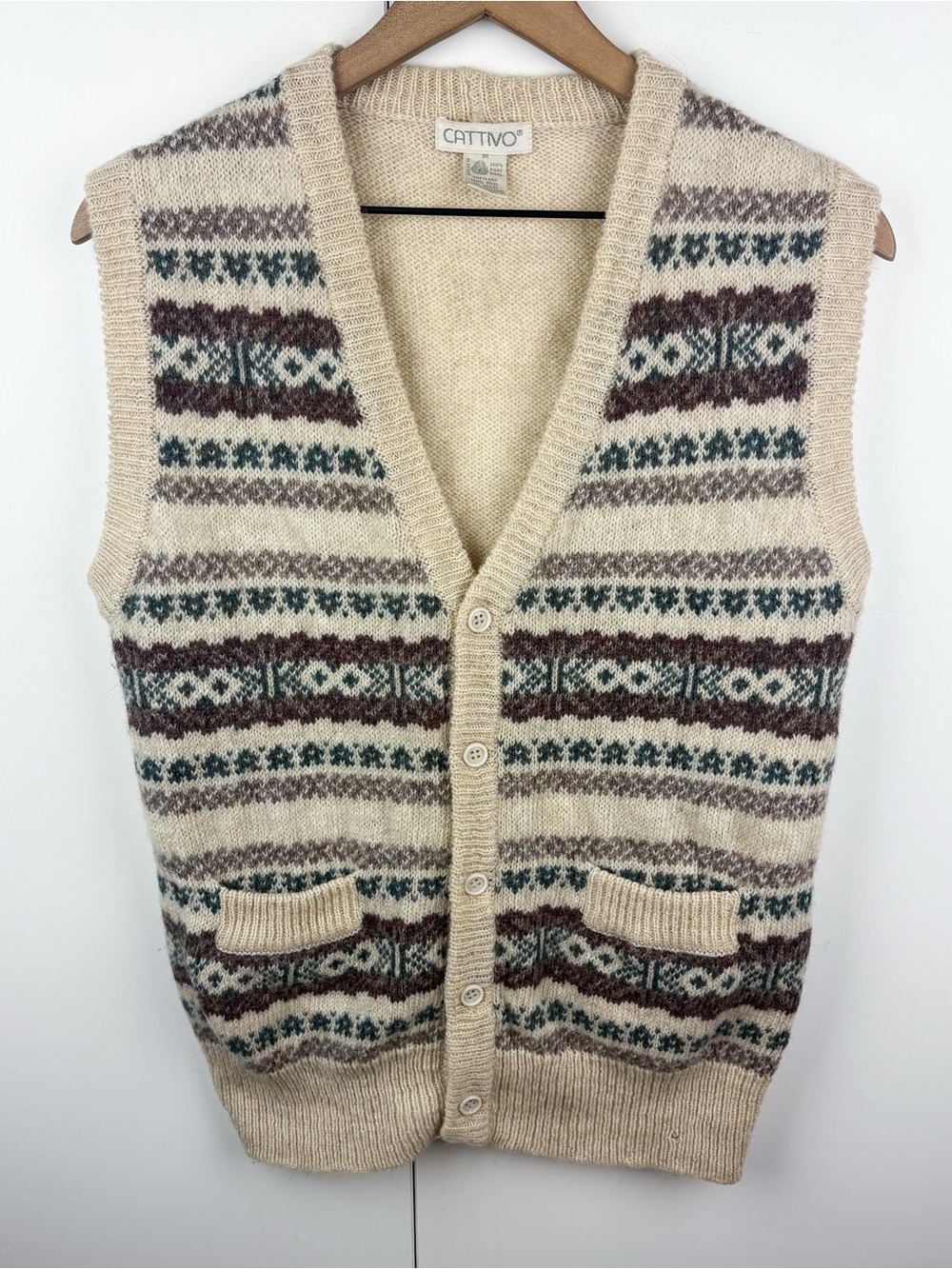Vintage 100% Wool Fair Isle Sweater Vest Button Down V Neck Cream Green Brown